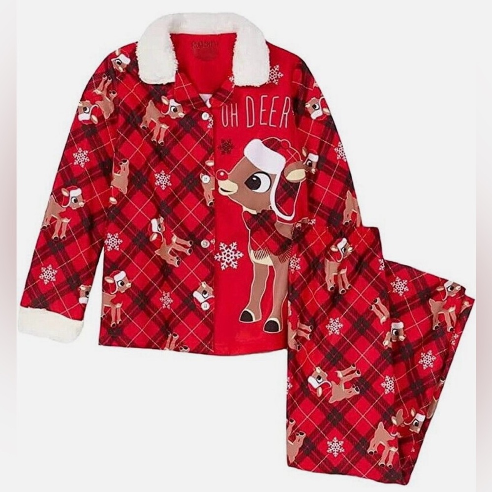 Rudolph Girl's Plaid 'Oh Deer' Button Down Flannel Christmas Pajama Set